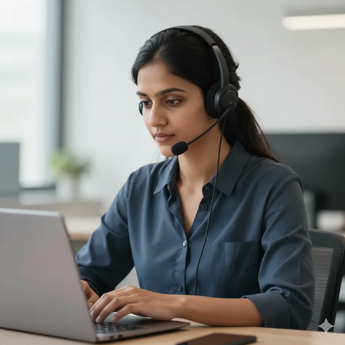 Professional woman wearing a headset working on a laptop in a modern office.